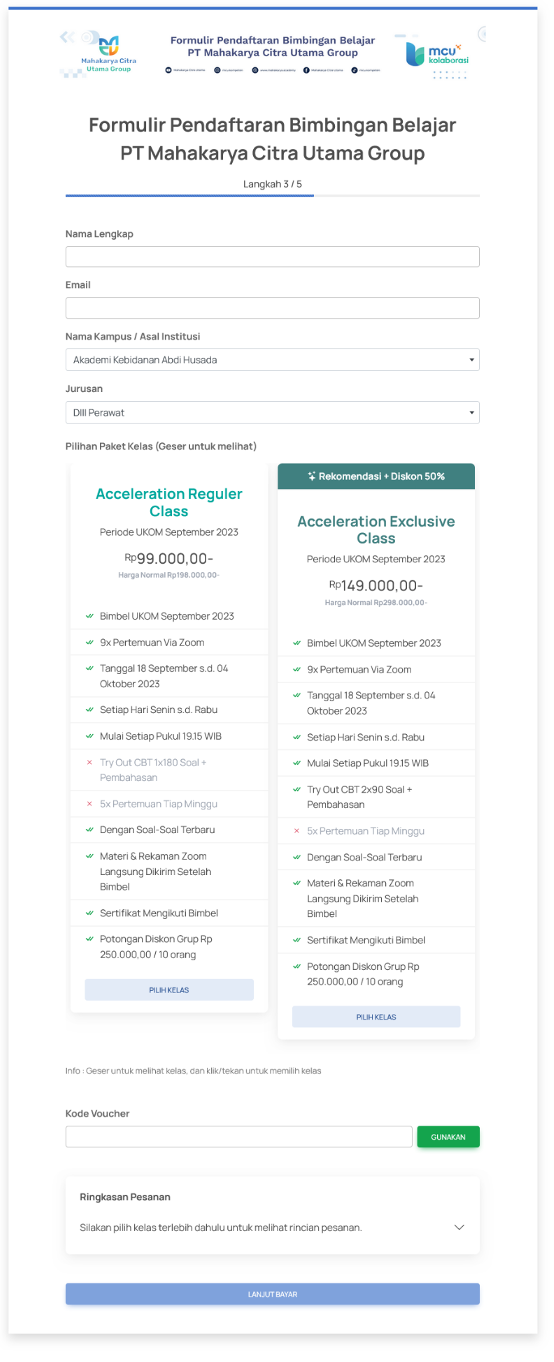                                         Online Course Form. Website pendaftaran bimbel online dengan Payment Gateway Xendit, WhatsApp Auto Invite Integration & CMS di dalamnya untuk mengelola pendaftaran.
                                        